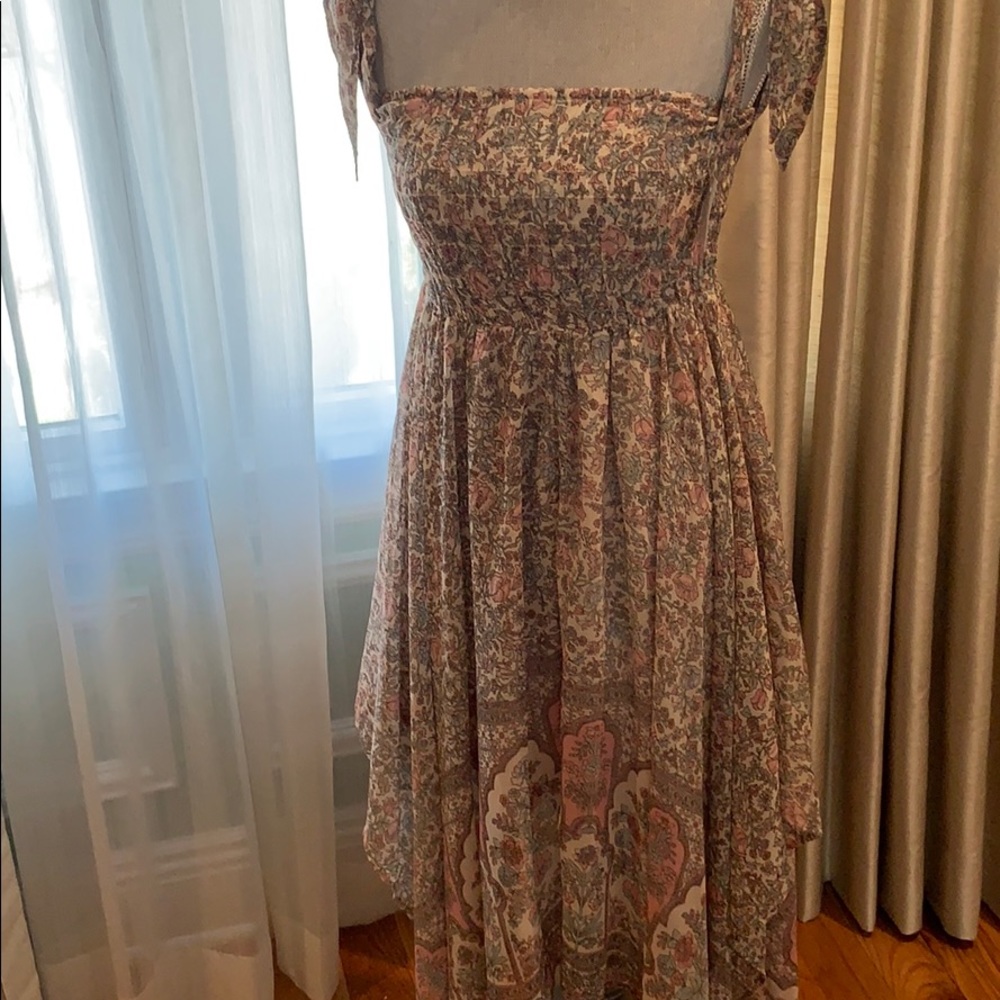 Floral dress M smocked bodice, asymmetric hem